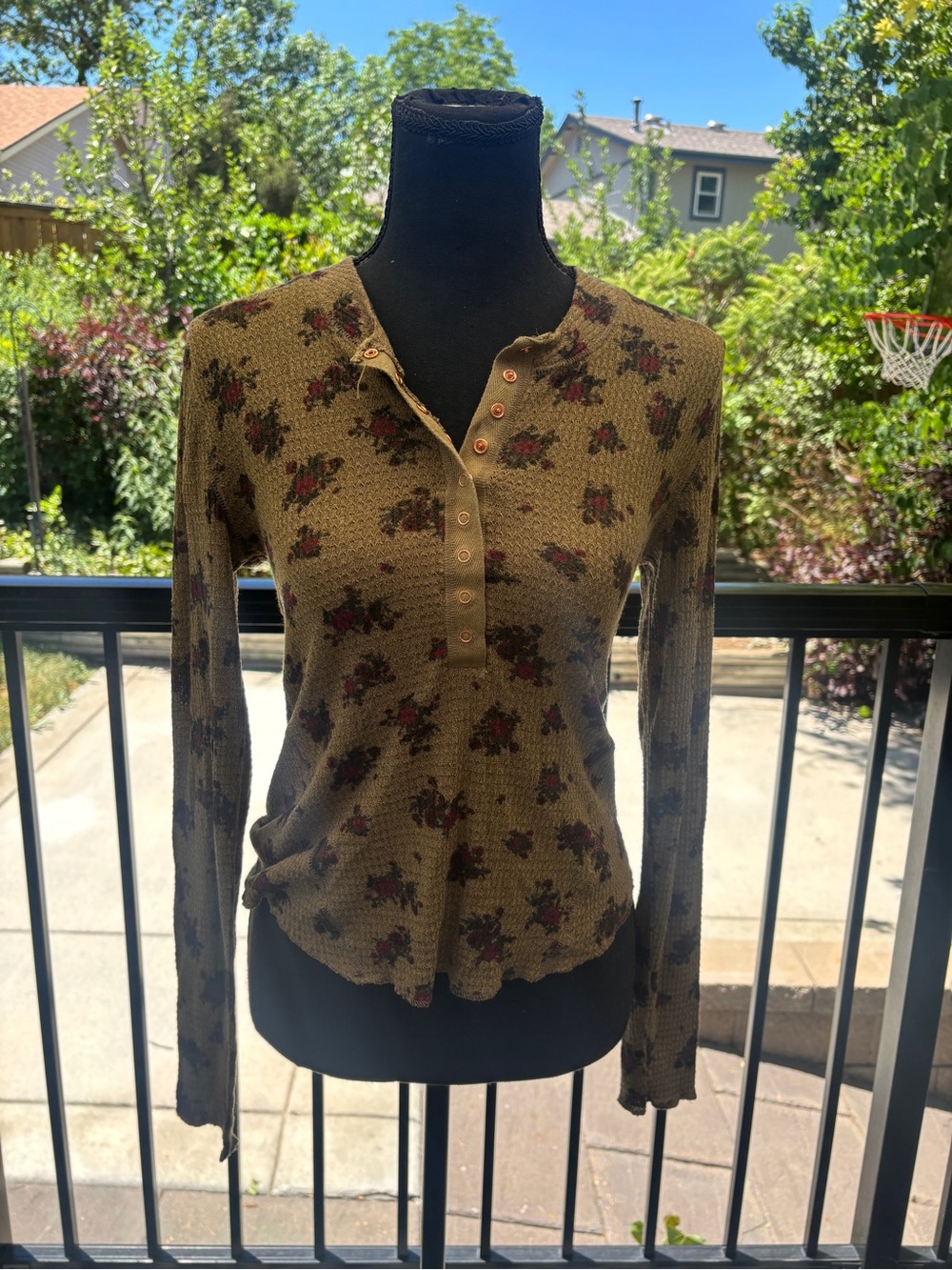 Free People Olive Floral Henley Long Sleeve Top